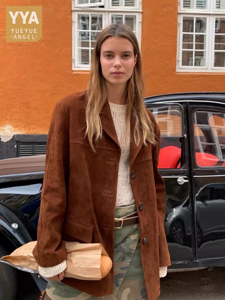 Leather Work Jacket Women'S - Vintage Autumn Women Real Sheep Suede